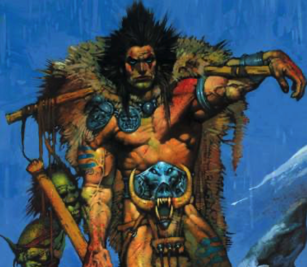 Slaine, a barbarian warrior standing bare-chested.