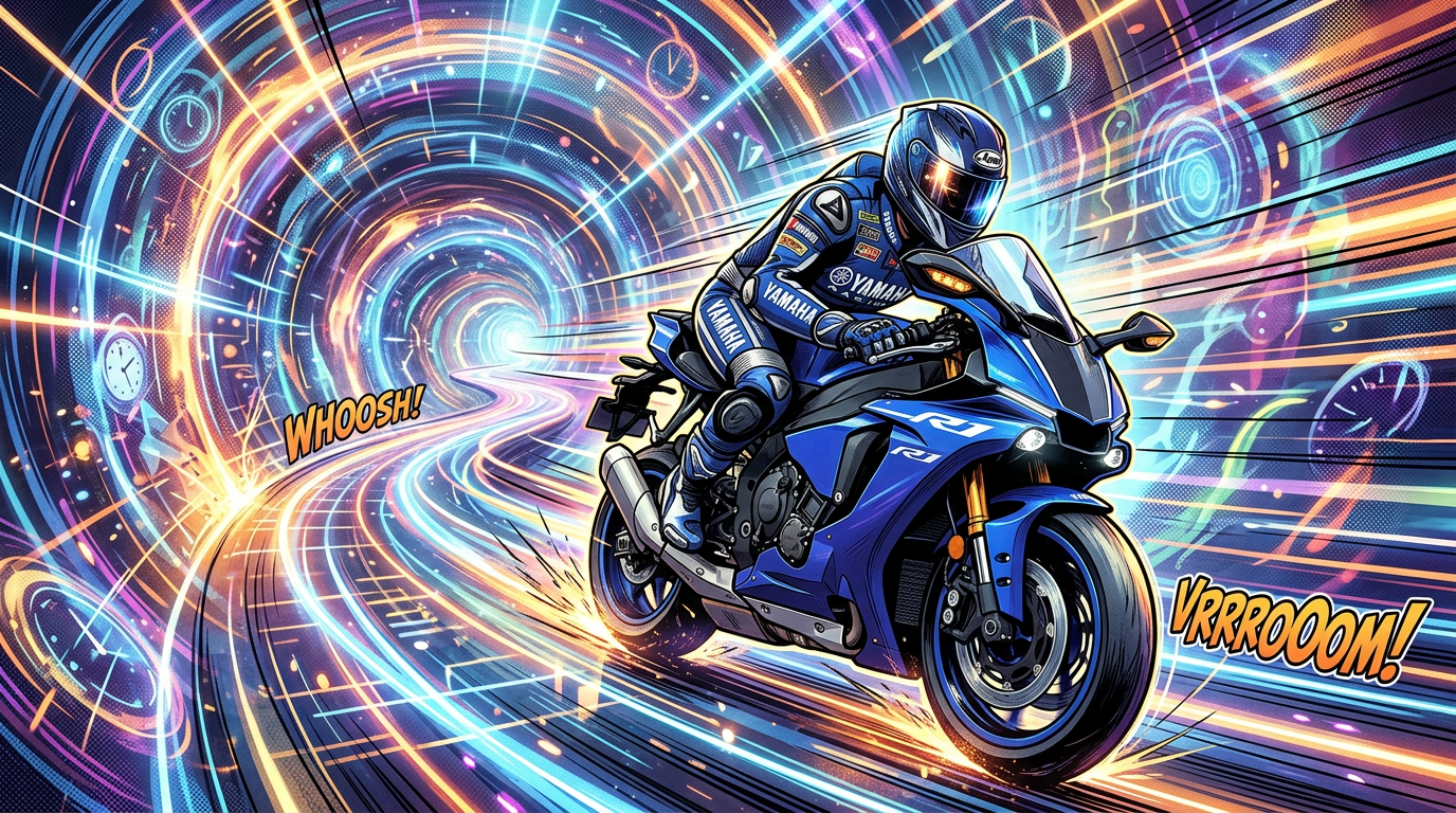 Motorcyclist on a blue Yamaha R1 speeding through a glowing tunnel with futuristic light trails