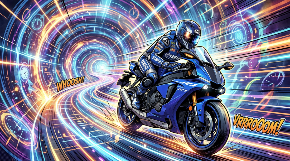 Motorcyclist on a blue Yamaha R1 speeding through a glowing tunnel with futuristic light trails