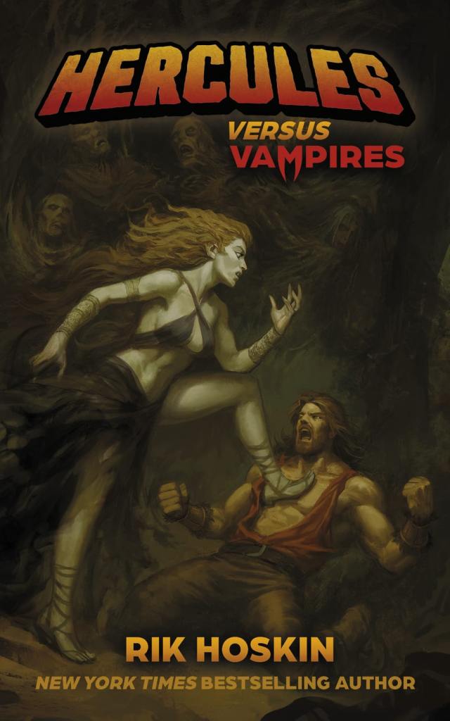 Book cover for 'Hercules Versus Vampires' featuring a muscular man resembling Hercules, a woman in a flowing dress, and eerie figures in the background. The title and author's name are prominently displayed.