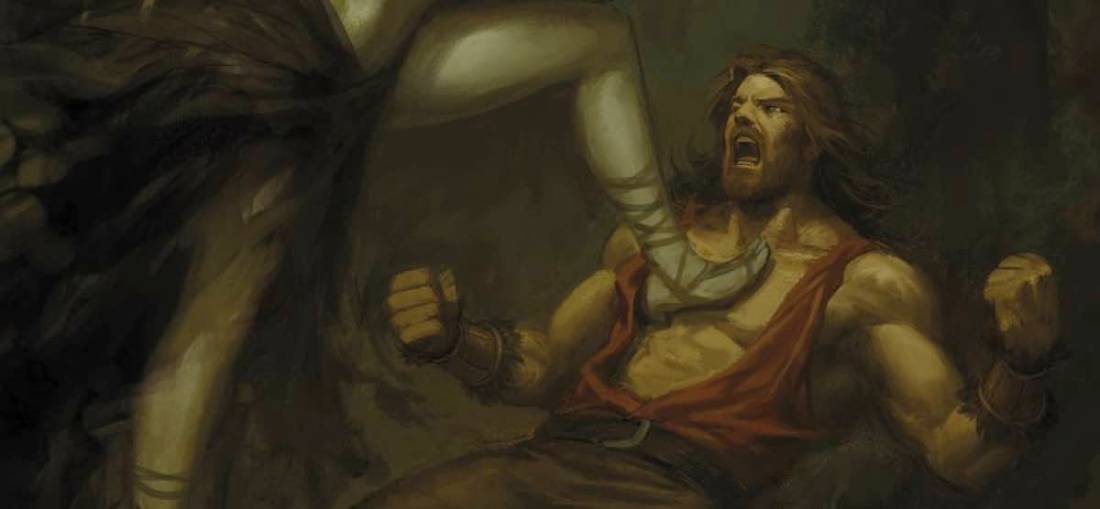 Hercules being pushed down by vampire woman.